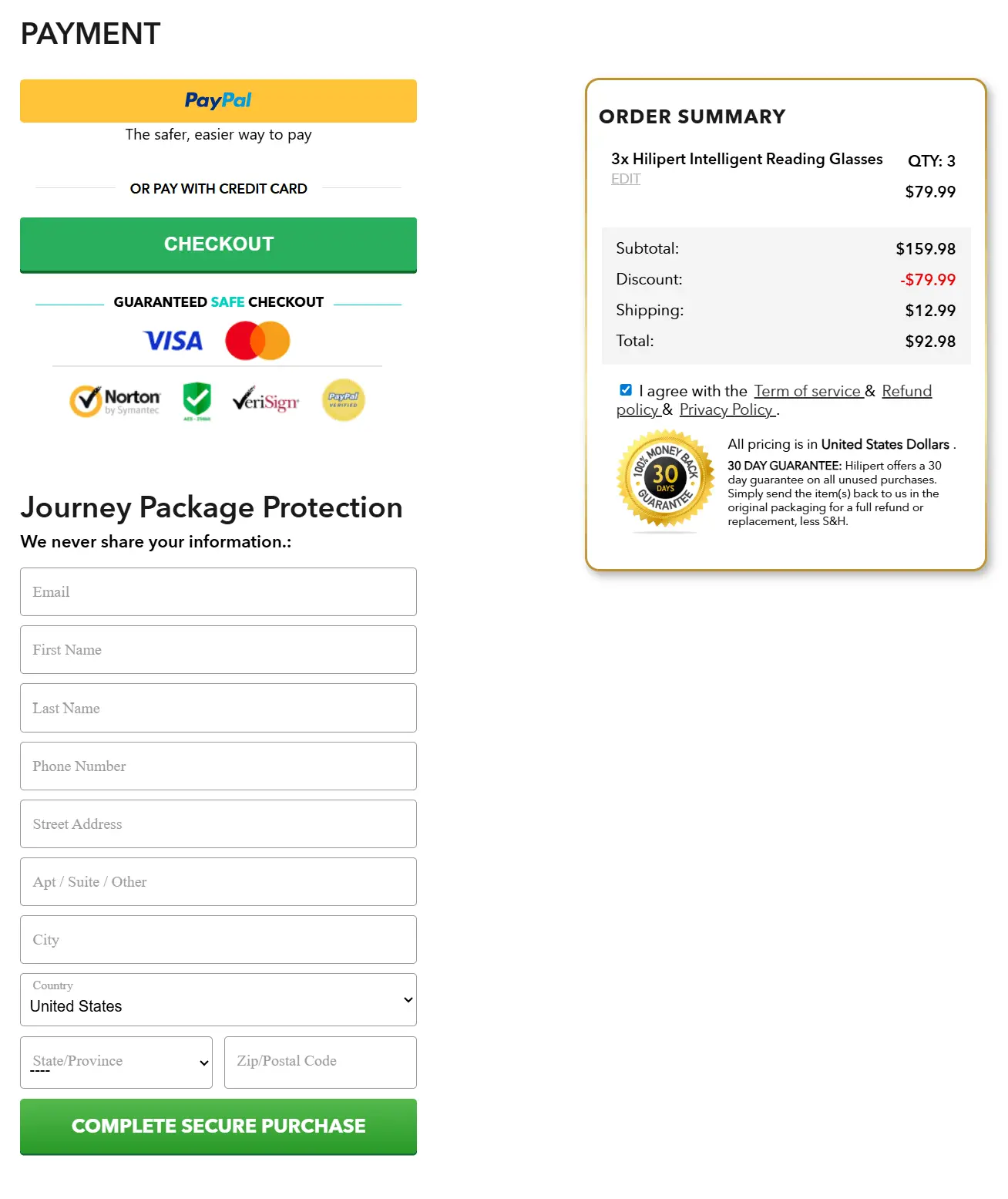 Hilipert Intelligent Glasses secure checkout page
